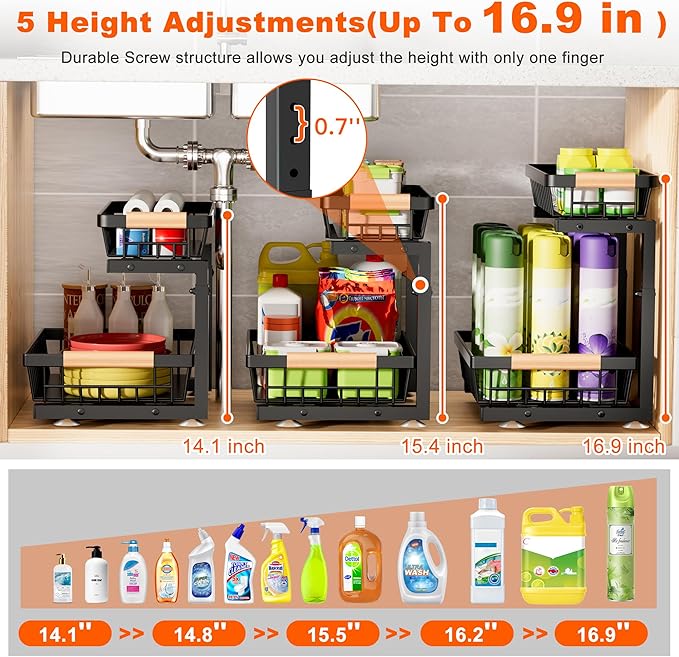 Under Sink Organizer, 2 Pack 2 Tier Under Sink Organizers and Storage, Slide Out Pull Out Cabinet Organizer Shelf, Height Adjustable Metal Drawer for Kitchen Bathroom Closet Organization Rack Black