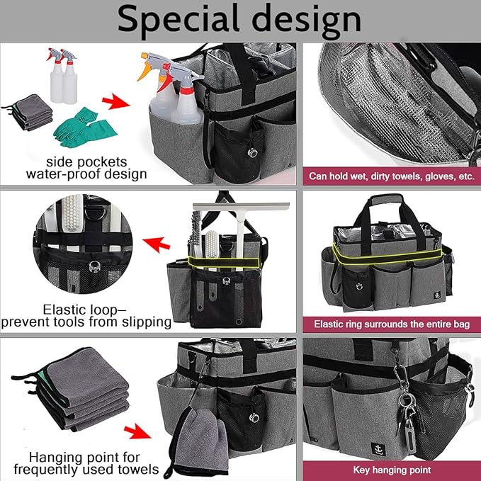 Large Cleaning Caddy Bag Built-in Sturdy Support Board, Cleaning Organizer with Detachable Divider, Cleaning Supply Tote with Adjustable Shoulder Strap&Waist Belt for Cleaners & Housekeeper