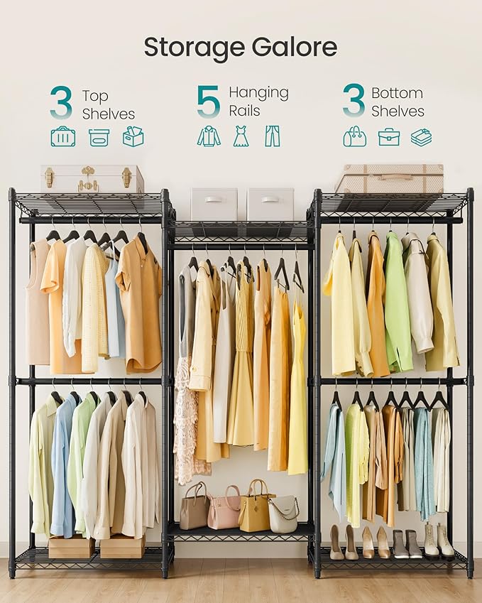SONGMICS Heavy-Duty Clothes Rack, Garment Rack, Portable Closet, 68.7-Inch Wide Clothing Rack with Adjustable Mesh Shelves and Hanging Rails, Ink Black ULGR433B01