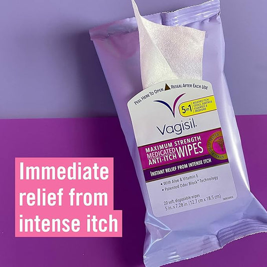Vagisil Wipes, Anti-Itch Medicated Feminine Vaginal Wipes, Maximum Strength, Instant Relief, 20 Wipes (Pack of 3)