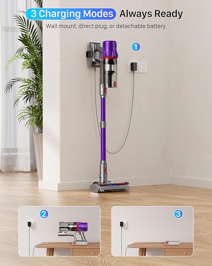 Cordless Vacuum Cleaner - Powerful Stick Vacuum with HEPA Filter, 55-Min Runtime, LED Light, Anti-Tangle Brush, Detachable Battery, Lightweight for Home, Pet Hair, Carpets & Hard Floors