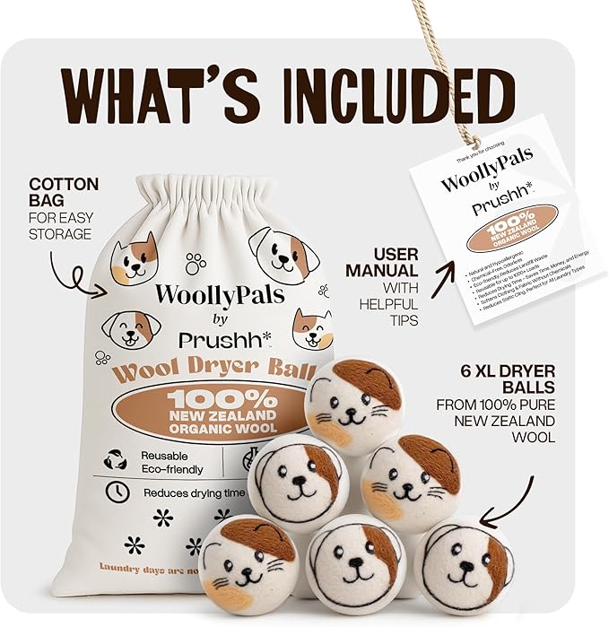 WoollyPals Wool Dryer Balls (6-Pack, XL Size)- 100% New Zealand Organic Wool - Sustainable & Eco-Friendly - Dry 1,000 Loads, Replaces Dryer Sheets, Reduces Static Cling, Reusable (Multi Colour)