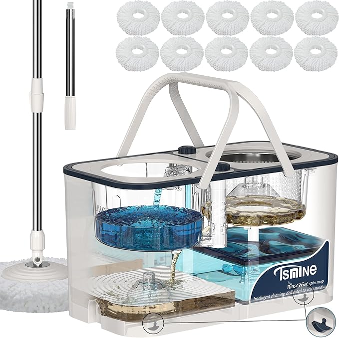 Gen 1 Large-Capacity Spin Mop and Bucket – for Big Homes & Deep Cleaning Days,4-Chamber System Separates Dirty & Clean Water, 2-GAL Heavy-Duty Design with Wheels & 10 Refill Mop Heads - White/Blue