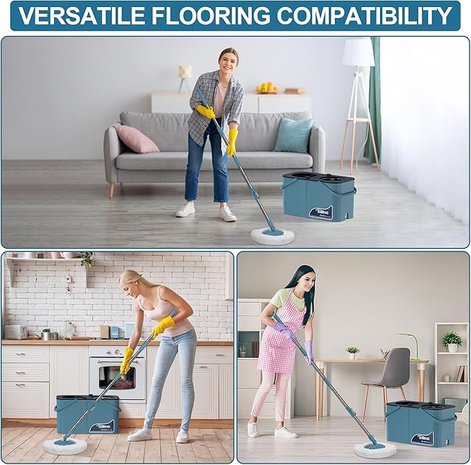 Gen 1 Large-Capacity Spin Mop and Bucket – for Big Homes & Deep Cleaning Days,4-Chamber System Separates Dirty & Clean Water, 2-GAL Heavy-Duty Design with Wheels & 6 Refill Mop Heads - Blue/Grey