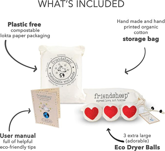 Friendsheep Wool Dryer Balls, Organic Reusable Fabric Softener Alternative for Laundry, Handmade, Fair Trade, Hypoallergenic, Eco-Friendly, Plastic-Free (3 Pack XL – Red Heart )