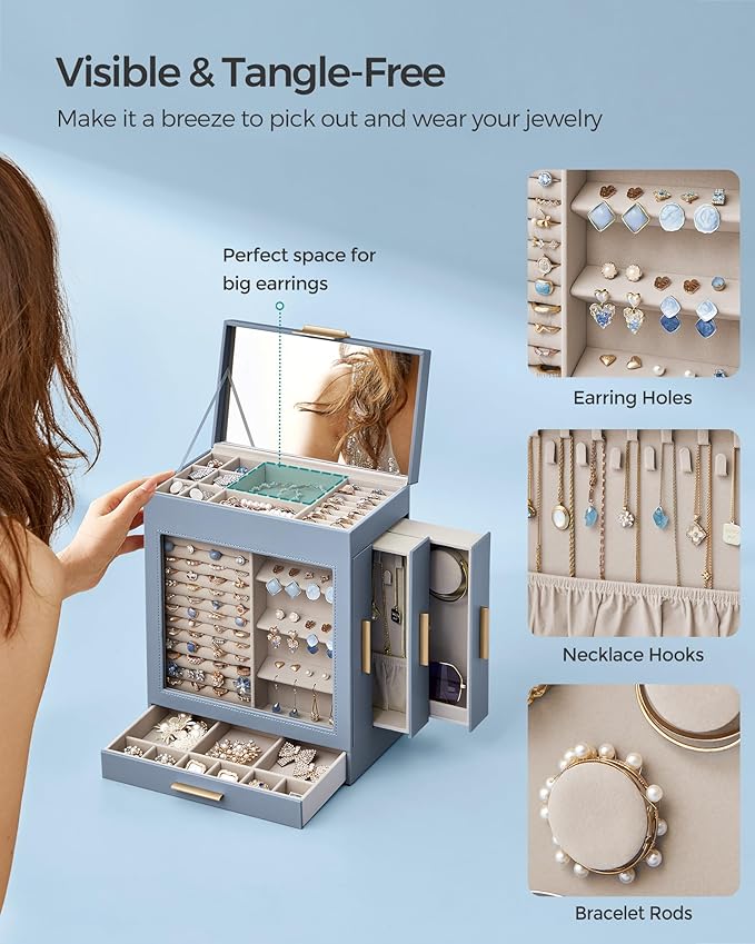 SONGMICS Jewelry Box with Glass Window, 5-Layer Jewelry Organizer with 3 Side Drawers, Jewelry Storage, with Big Mirror, Modern, 6.1 x 10.3 x 12.6 Inches, Smoky Blue and Metallic Gold UJBC162Q01