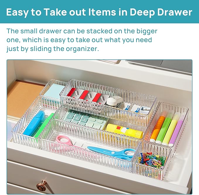 Vtopmart 7 PCS Clear Drawer Organizers Bins, 4-Size Stackable Makeup and Vanity Drawer Organizer Trays, Acrylic Bathroom Drawer Storage Containers for Cosmetic, Office Supply, Kitchen Utensils Gadgets