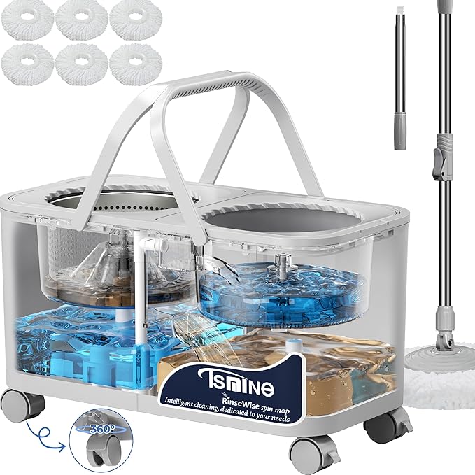 Gen 1 Compact Mop and Bucket Set for Apartments & Small Homes, 360° Swivel Wheels for Easy Moving, Clean & Dirty Water Chambers, Spin Mop with 61" Handle, 6 Microfiber Heads-Grey