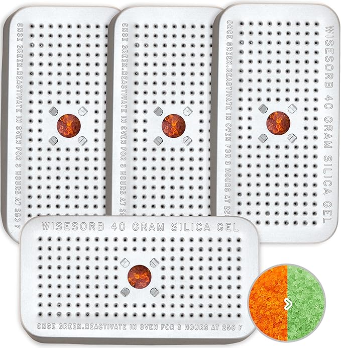 40 Gram Pack of 4 Silica Gel Canister, Gun Safe Dehumidifiers (Orange to Green), Reusable Desiccant Moisture Absorber for Car, Closet