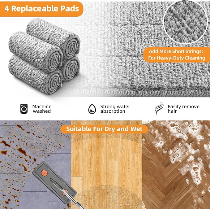 Mop and Bucket with Wringer Set for Home,61" Flat Mop and Bucket System for Floor Cleaning,Wet Dry Mop Window Wall Cleaner with Long Handle,Floor Mop with 4 Washable Microfiber Pads