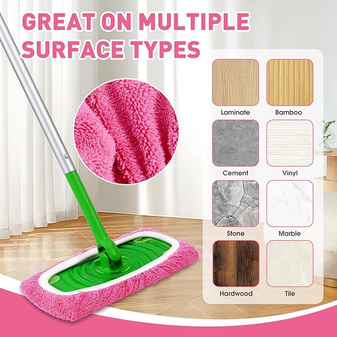 8Pcs Pink Reusable Mop Pads,Microfiber Mop Pads Compatible with Swiffer Sweeper, Dry Sweeping Cloths & Washable Wet Pads Refill for Floor