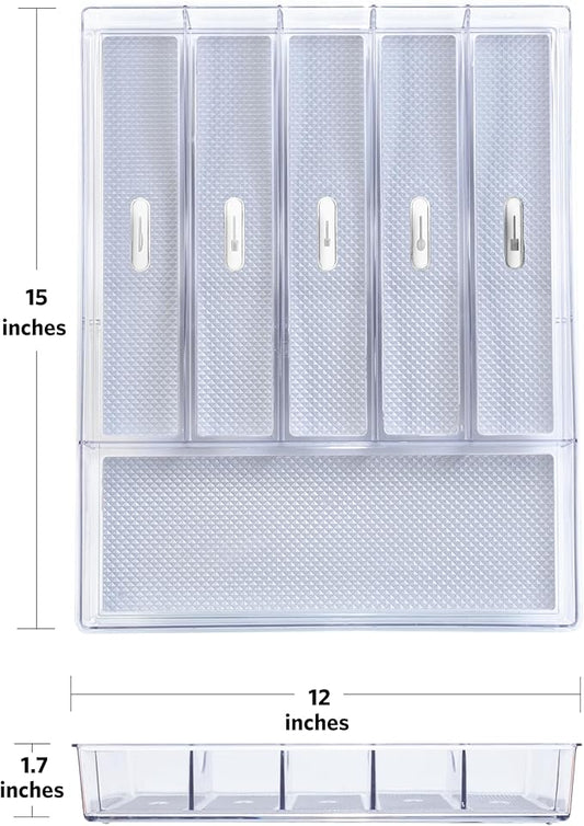 Glad Silverware & Utensil Drawer Organizer - Divided Clear Plastic Storage Tray with 6 Compartments for Kitchen Flatware and Cutlery - BPA Free, Food Safe, Non Slip, 12x15 inches