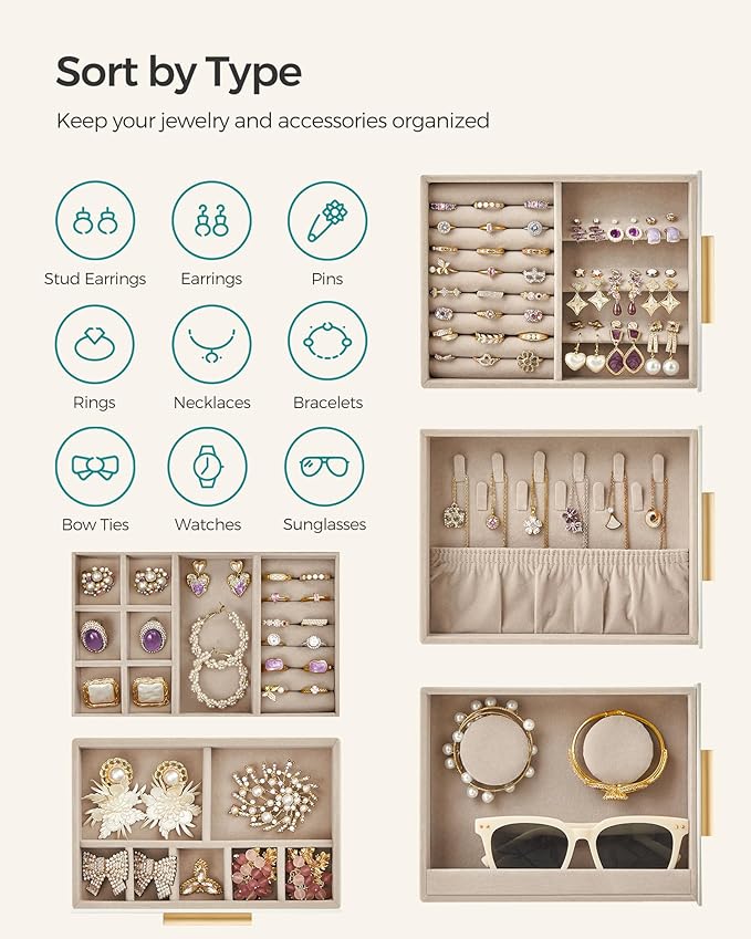 SONGMICS Jewelry Box with Glass Window, 5-Layer Jewelry Organizer with 3 Side Drawers, Jewelry Storage, with Big Mirror, Modern, 5.1 x 7.9 x 9.7 Inches, Cloud White and Metallic Gold UJBC172W01