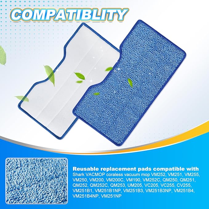 KEEPOW Reusable Mop Replacement Pads Compatible with Shark Vac Mop VM252 VM200 VM401 VM180 VM252GN VC205 VM250, Vacuum Mop Pads Refills for Hardwood Floor with Upgraded Dirt Chamber, Blue, 2+1+1 Pack