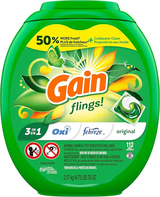 Gain Flings Laundry Detergent Pacs, 112 Count, Original Scent, 3 in 1 HE Detergent Pacs with Oxi Boost and Febreeze