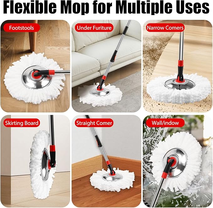 Spin Mop and Bucket with Wringer Set,360° Mop and Bucket System with 3 Microfiber Mop Refills and 50" Extended Handle for Floor Cleaning (Black)