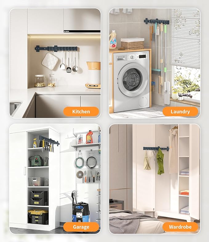 Pull Out Broom Holder With 9 Adjustable Sliding Hook, Multifunctional Slide Broom And Mop Storage/Organizer Garage Organization Hooks, for Closet Laundry - Dark grey- 41cm/16.14inch