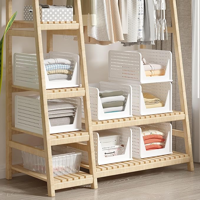 VECELO 4 Pack Plastic Closet Shelf Organizer, Stackable Sweater Storage Closet Drawers, Foldable Wardrobe Organizer, Easy Assembly, Durable and Space Saving for Closet, Bathroom, Kitchen, Gray