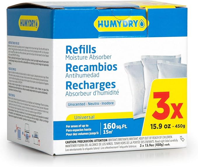 HUMYDRY Moisture Absorber Refills for 15.9 Oz Dehumidifier Device, Pack of 3 Unscented Humidity Absorber Bags, Non Electric Humidity Absorber for Home Closets Bathrooms RVs and Medium Enclosed Spaces