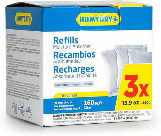 HUMYDRY Moisture Absorber Refills for 15.9 Oz Dehumidifier Device, Pack of 3 Unscented Humidity Absorber Bags, Non Electric Humidity Absorber for Home Closets Bathrooms RVs and Medium Enclosed Spaces