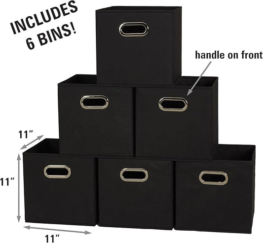Household Essentials Foldable Fabric Storage Bins 6 Piece Set, Strong Poly-Woven Fabric, Sturdy Chipboard Sides, Grommet Front Handle, Stackable and Foldable, Classic Design, Black