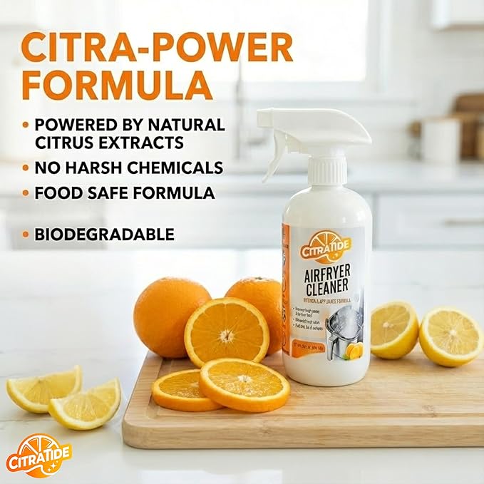 Air Fryer Cleaner Spray – Citrus Powered Grease Remover, Non-Toxic & Plant-Based, Cuts Baked-On Oil & Odor, Safe for Kitchen Appliances, USA Made – 16fl oz