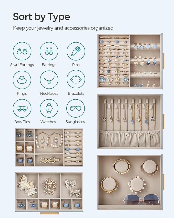 SONGMICS Jewelry Box with Glass Window, 5-Layer Jewelry Organizer with 3 Side Drawers, Jewelry Storage, with Big Mirror, Modern, 6.1 x 10.3 x 12.6 Inches, Smoky Blue and Metallic Gold UJBC162Q01
