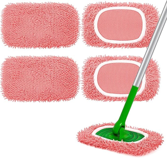 Reusable Microfiber Mop Pads - 4 Pack Washable Wet Pads Refill for Mopping Floors, Pink (Mop is not Included)