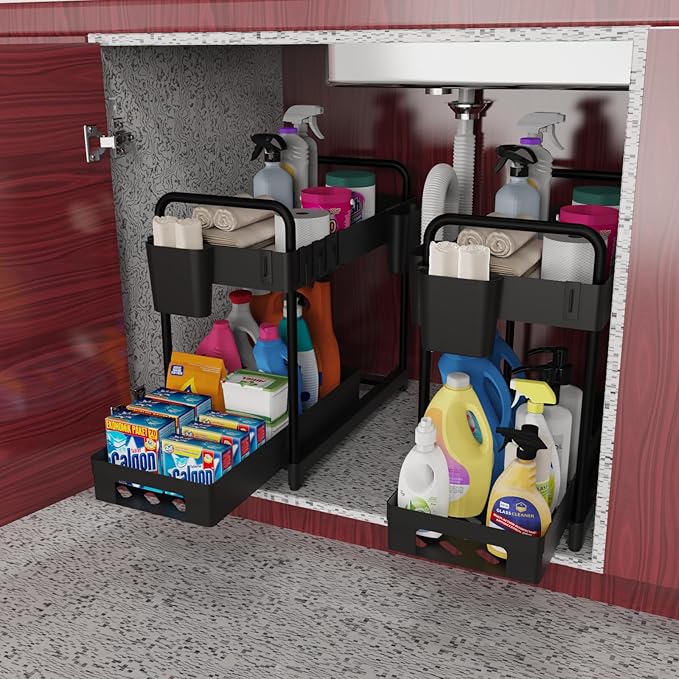 2 Pack Double-Layer Under Sink Organizer for Efficiently Utilizing Space, High Capacity and Space Saving, 2 Tier Sliding Under Sink Shelf with 4 Hooks and a Cup Slot(Black)