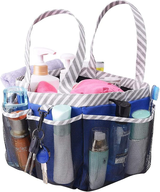 Haundry Mesh Shower Caddy Portable for College Dorm Room Essentials, Shower Caddy Tote with 8 Pockets Large Capacity, Shower Bag for Beach, Swimming, Gym, Dark Blue
