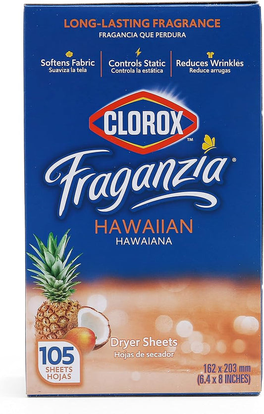 Clorox Fraganzia Dryer Sheets in Hawaiian Escape Scent, 105 Count | Wrinkle-Reducing Fabric Softener Sheets |Best Laundry Dryer Sheets with Long-Lasting Tropical Scent