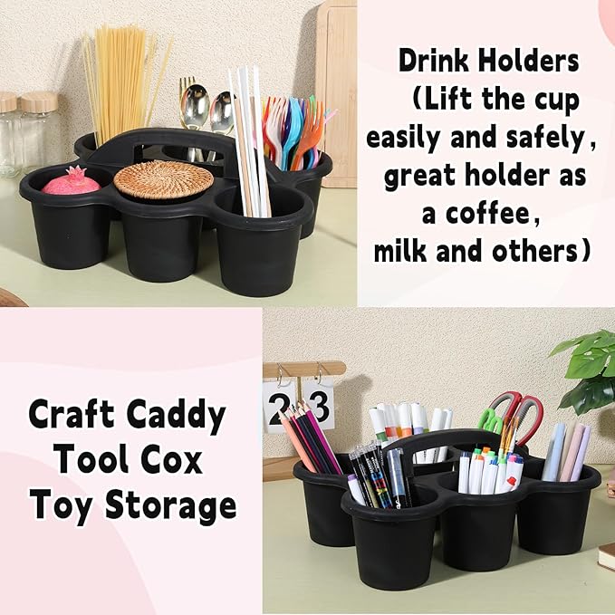 6 Pack Classroom Caddy with Handle Plastic Storage Caddy Organizer with 6 Compartments Drink Cup Caddies Holder Portable Storage Bin for Pencil, Crayon, Marker, Home, Office, School Supplies(Black)