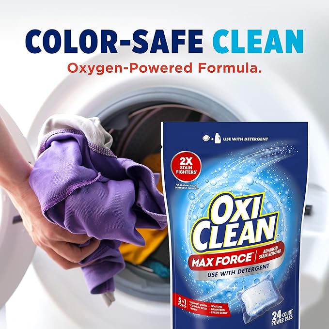 OxiClean Max Force Advanced Stain Remover Power Paks, Color-Safe, Bleach-Free Kids and Baby Essential, Use with Detergent to Remove Messy Stains like Berries, Juice, Mud, Grass, 24 Count