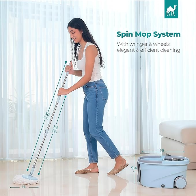 Spin Mop and Bucket with Wheels Wringer 360 Microfiber Mop with Stainless Steel Handle Self Wringing Cleaning System Bucket with Drain for Tile Hardwood Laminate Floors Includes 4 Mop Head Refills