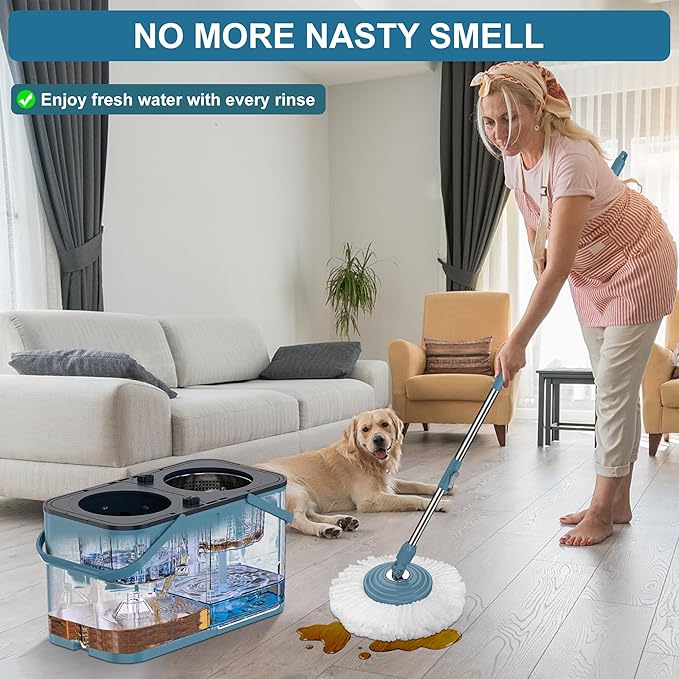 Gen 1 Large-Capacity Spin Mop and Bucket – for Big Homes & Deep Cleaning Days,4-Chamber System Separates Dirty & Clean Water, 2-GAL Heavy-Duty Design with Wheels & 8 Refill Mop Heads - Blue/Grey