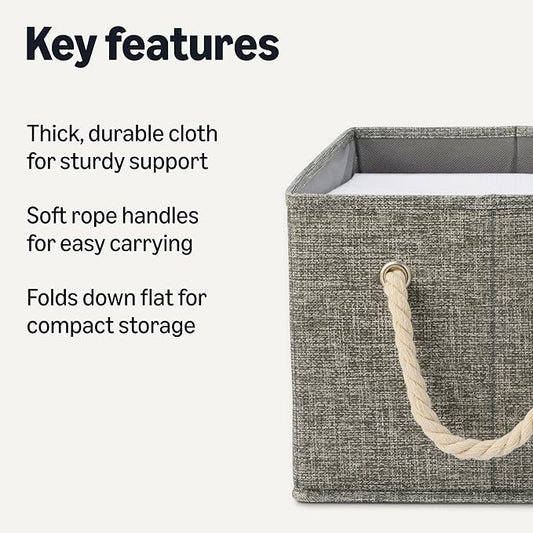 Amazon Basics Foldable Storage Bins with Rope Handles, Closet Organizers, Storage Baskets for Organizing, Large, Charcoal, 3-Pack