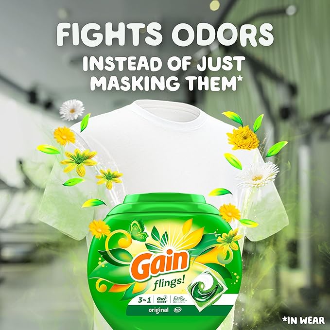 Gain Flings Laundry Detergent Pacs, 60 Count, Original Scent, with Odor Defense, concentrated laundry soap pacs