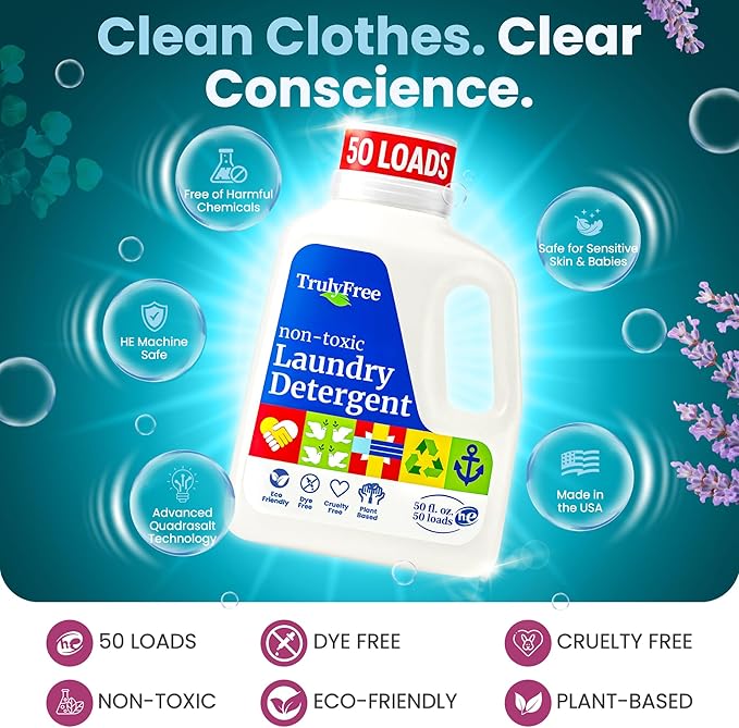 Truly Free Natural Laundry Detergent for Sensitive Skin | Eco Friendly, Plant Based, Baby Clothes Safe | Clean & Easy Powder to Liquid, 1 Pack Detergent + 1 Refillable Jug | Signature Scent, 50 Loads