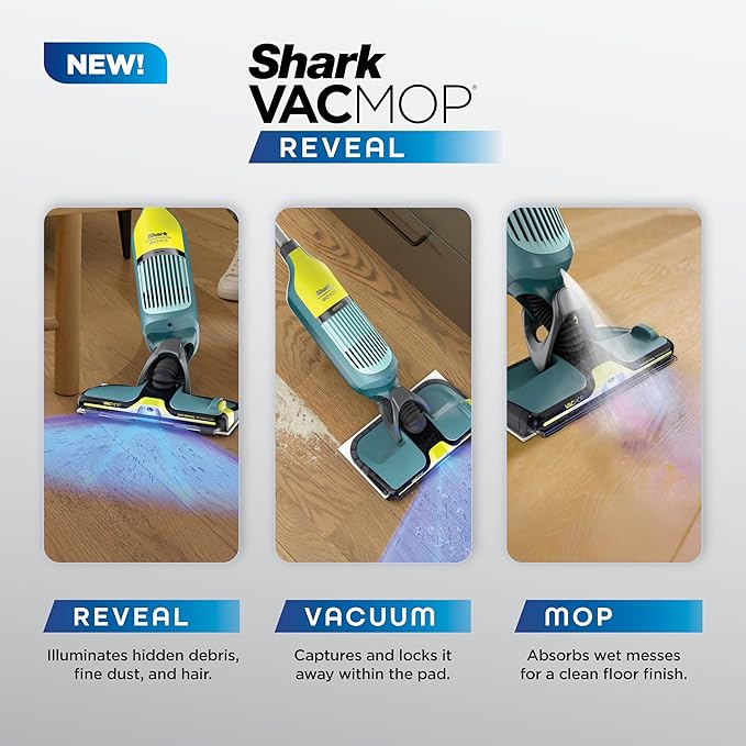 Shark VACMOP Reveal NEW Cordless Hard Floor Cleaner, Vacuum & Spray Mop, Powerful Suction, Lightweight, Illumination Light, Includes 4 Disposable Pads, 12oz Pet Multi-Surface Cleaning Solution, VM401