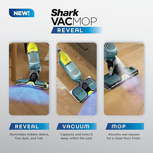 Shark VACMOP Reveal NEW Cordless Hard Floor Cleaner, Vacuum & Spray Mop, Powerful Suction, Lightweight, Illumination Light, Includes 4 Disposable Pads, 12oz Pet Multi-Surface Cleaning Solution, VM401