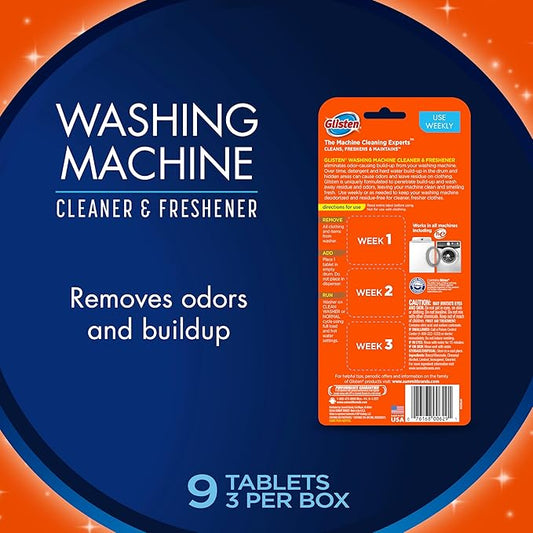 Glisten Washing Machine Cleaner & Freshener Deodorizer for All Top Load and Front Load Washers and HE Machines, Made in the USA, Fresh Scent, 9 Tablets (Pack of 12)