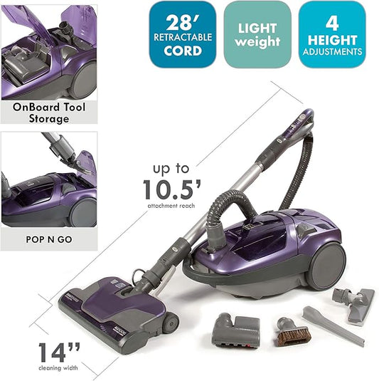 Kenmore 81614 600 Series Pet Friendly Lightweight Bagged Canister Vacuum with Pet PowerMate, Pop-N-Go Brush, 2 Motors, HEPA, Aluminum Telescoping Wand, Retractable Cord, and 3 Cleaning Tools-Purple