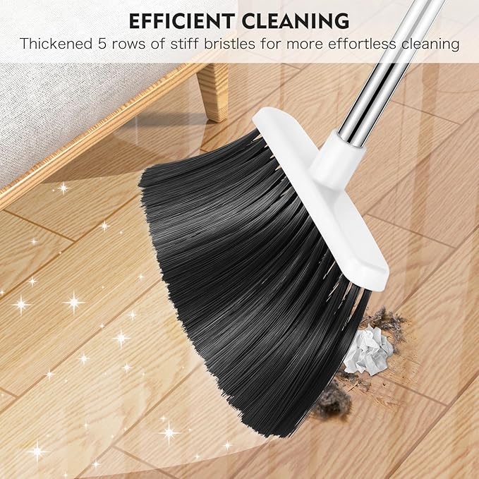 Broom and Dustpan Set, 55-in Long Adjustable Handle Broom with Dustpan Combo Set with Dustpans Teeth to Automatically Clean Hair Suitable for Home Kitchen Office Hall Lobby, Large(Black&White)