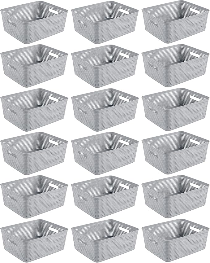 Sterilite 18 Pack Plastic Storage Bin Organization Containers, Short Baskets, Cement