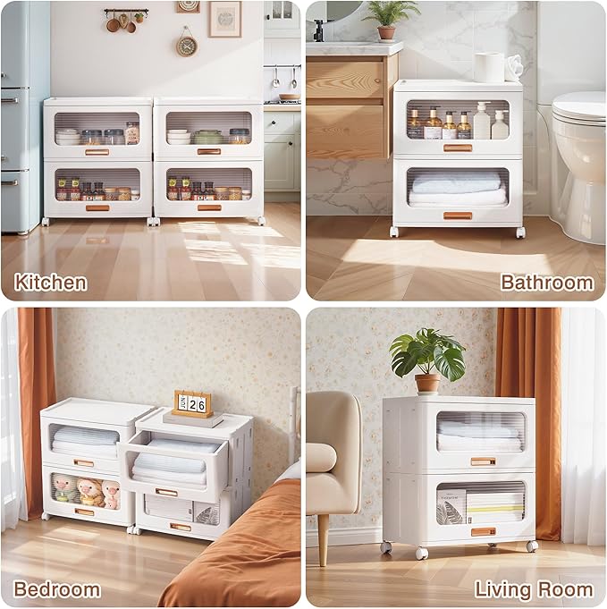 VECELO Stackable Storage Drawers Cabinet with Wheels, Storage Bins Pull Out, Waterproof Drawer Closet Organizer, Multi-Tier Stackable Design for Bedroom/Livingroom/Bathroom, Large, 2-Tier