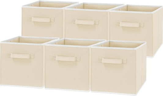 Simple Houseware Foldable Cube Storage Bins, 11-Inch Beige, 6-Pack Fabric Cubes Organizer for Closet or Shelves