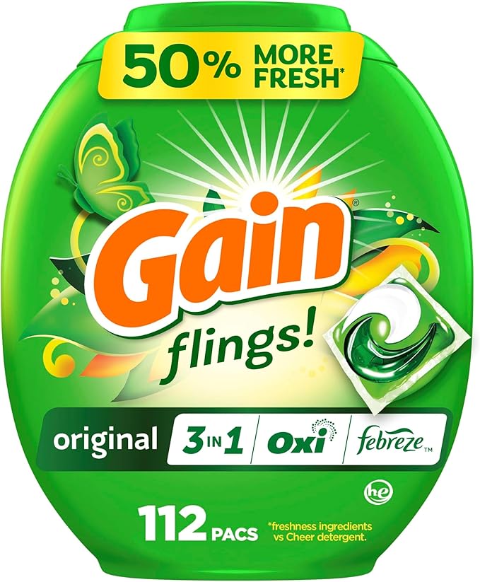 Gain Flings Laundry Detergent Pacs, 112 Count, Original Scent, 3 in 1 HE Detergent Pacs with Oxi Boost and Febreeze