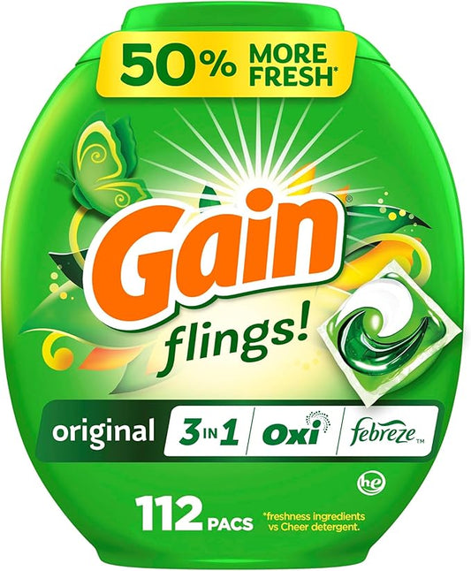Gain Flings Laundry Detergent Pacs, 112 Count, Original Scent, 3 in 1 HE Detergent Pacs with Oxi Boost and Febreeze