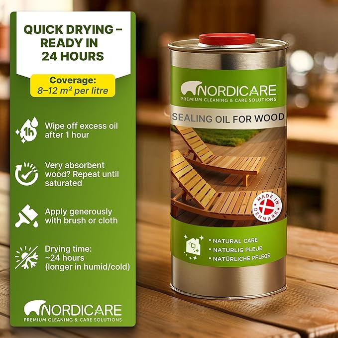Nordicare Sealing Wood Oil for Outdoor Garden Furniture - Teak Oil for Wood Outdoor Furniture - Suitable for All Outdoor Types of Wood, for Wood Exterior Protection - Easy to Apply 34 Oz