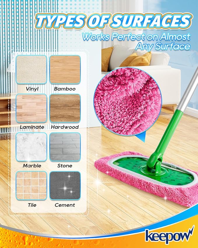 Keepow 8 Pack Reusable Mop Pads Compatible with Swiffer Sweeper, Coral Fleece Washable Swiffer Mop Pads, Dry & Wet Sweeping Mopping Cloths (Pink, Not Included Mop)